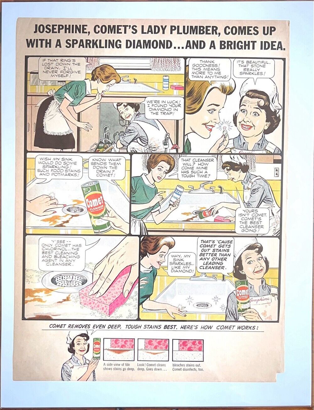 Vintage Comet Powder Cleanser Print Ad Josephine Lady Plumber 1960s Feminism